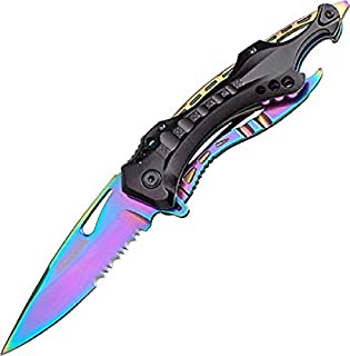 TAC Force- Spring Assisted Folding Pocket Knife  Rainbow TiNite Coated Stainless Steel Blade with Black Aluminum Handle, Bottle Opener, Glass Punch and Pocket Clip, Tactical, EDC, Rescue - TF-705RB