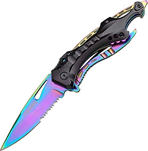 TAC Force- Spring Assisted Folding Pocket Knife  Rainbow TiNite Coated Stainless Steel Blade with Black Aluminum Handle, Bottle Opener, Glass Punch and Pocket Clip, Tactical, EDC, Rescue - TF-705RB