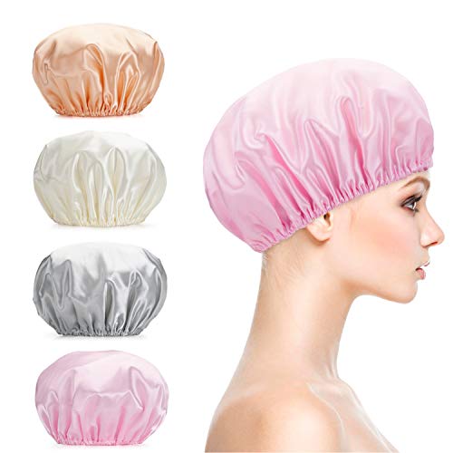 Titanker Shower Cap, 4-Pack EVA Shower Caps, Double Layer Waterproof Shower Cap for Women, Reusable Bathing Hair Caps for Adult, Medium Size (Gray, Pink, White, Glod