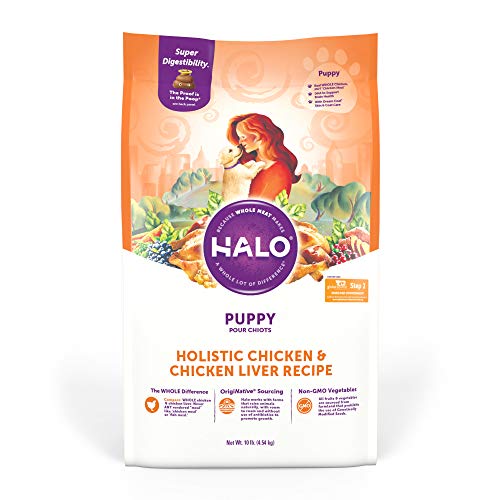 Halo Natural Dry Dog Food - Puppy Recipe - Premium and Holistic Whole Meat Chicken & Chicken Liver Recipe - 10 Pound Bag - Sustainably Sourced Dry Dog Food - Non-GMO and Highly Digestible