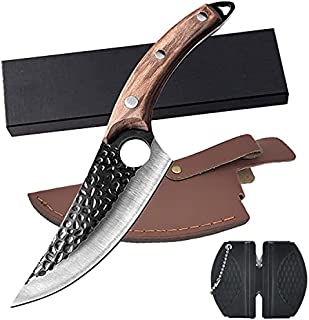 Boning Knife Hand Forged Kitchen Chef Knives with Sheath&Gift Box&Knife Sharpener Meat Cleaver Camping Knives Butcher Knife for Kitchen,Hunting(Style2 Brown Handle)