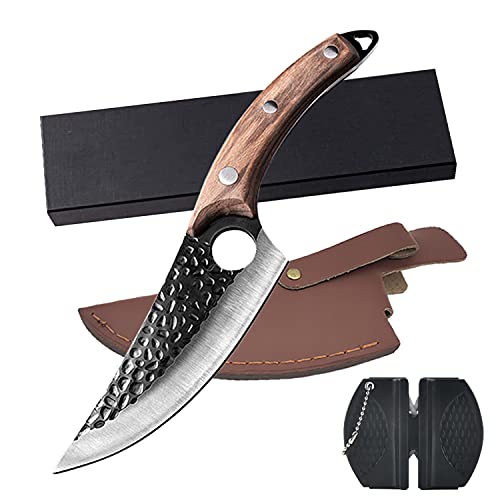 Boning Knife Hand Forged Kitchen Chef Knives with Sheath&Gift Box&Knife Sharpener Meat Cleaver Camping Knives Butcher Knife for Kitchen,Hunting(Style2 Brown Handle)