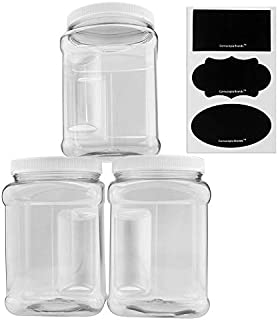 Cornucopia Brands 3-Pack Square 64 Oz 1/2 Gallon Plastic Canisters; 8-Cup Capacity Clear Jars w/White Plastic Lids & Chalk Labels, BPA-Free Lightweight PET #1 Plastic