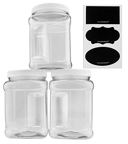 Cornucopia Brands 3-Pack Square 64 Oz 1/2 Gallon Plastic Canisters; 8-Cup Capacity Clear Jars w/White Plastic Lids & Chalk Labels, BPA-Free Lightweight PET #1 Plastic