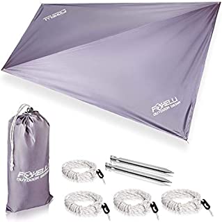 Foxelli Rain Tarp  Lightweight, Portable, Waterproof 12' Camping Tarp, Easy Set Up with Included Extra Long Guy Lines & Stakes - Perfect Rain Fly for Hammock