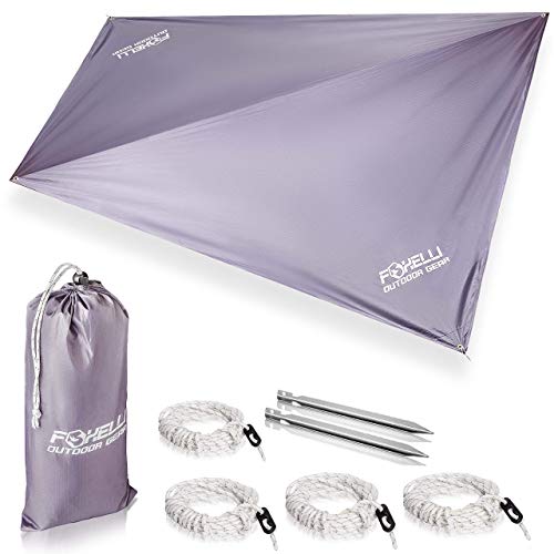 Foxelli Rain Tarp  Lightweight, Portable, Waterproof 12' Camping Tarp, Easy Set Up with Included Extra Long Guy Lines & Stakes - Perfect Rain Fly for Hammock