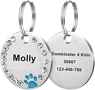 Cerolopy Custom Pet ID Tags, Round Crystal Tags with Pretty Glitter Bling Paw Print, Double-Side Laser Engraving Tags Fit Small Medium Large Dogs and Kittens(Blue)