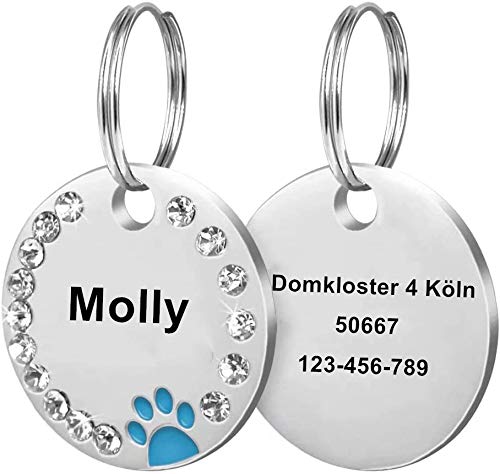 Cerolopy Custom Pet ID Tags, Round Crystal Tags with Pretty Glitter Bling Paw Print, Double-Side Laser Engraving Tags Fit Small Medium Large Dogs and Kittens(Blue)