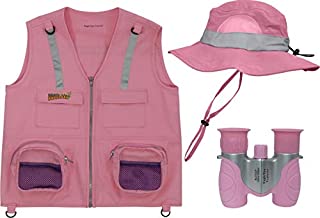 M/L Pink- 3 Piece Set Cargo Vest with Reflective Safety Straps, 1 8x21 Magnification Binoculars and Safari Hat for Boys and Girls (Medium/Large, Pink Vest, Pink Hat, Pink Binoculars)