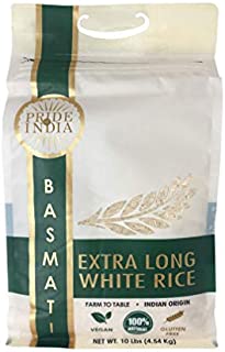 Pride Of India - Extra Long Indian Premium White Basmati Rice, 10 Pound (4.54 Kilo) Reclosable Bag - Naturally Aromatic, Aged, Flavorful, Slender, Non Sticky Grains - Great Value for Money