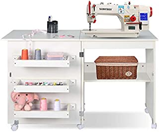 Folding Sewing Table Multifunctional Sewing Machine Cart Table Sewing Craft Cabinet with Storage Shelves Portable Rolling Sewing Desk Computer Desk with Lockable Casters(White)