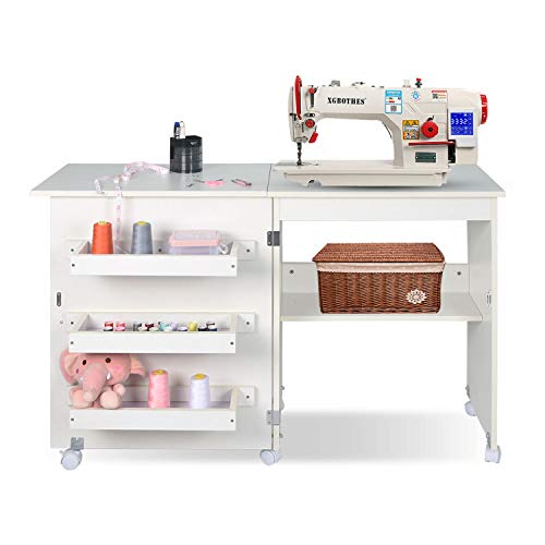 Folding Sewing Table Multifunctional Sewing Machine Cart Table Sewing Craft Cabinet with Storage Shelves Portable Rolling Sewing Desk Computer Desk with Lockable Casters(White)