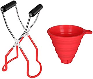 Canning Jar Lifter, Stainless Steel Tongs and Silicone Collapsible Funnel Foldable Large Canning Jar Funnel Compatible with Wide Mouth for Home Kitchen(Red)