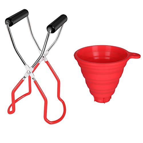 Canning Jar Lifter, Stainless Steel Tongs and Silicone Collapsible Funnel Foldable Large Canning Jar Funnel Compatible with Wide Mouth for Home Kitchen(Red)