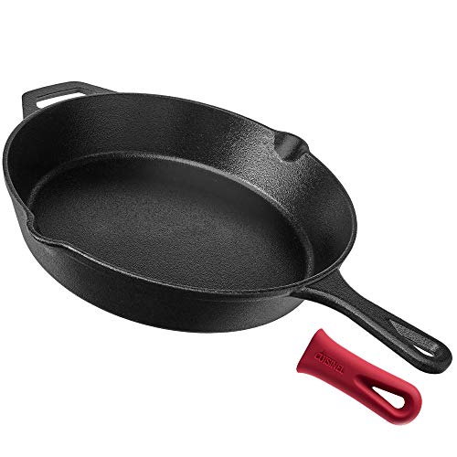 Pre-Seasoned Cast Iron Skillet (12-Inch) with Handle Cover Oven Safe Cookware - Heat-Resistant Holder - Indoor and Outdoor Use - Grill, Stovetop, Induction Safe