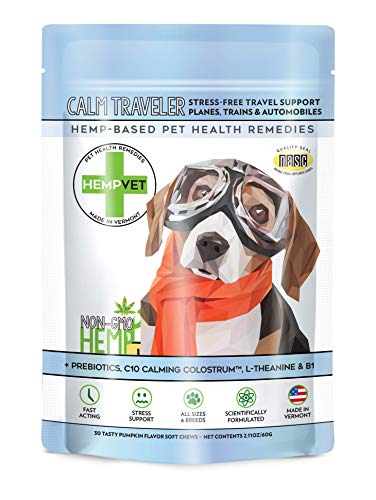 HempVet Calm Traveler, Calming Hemp Treats for Dogs, Organic Hemp Oil, Pumpkin Flavored, 30 Soft Chews