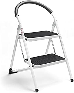 Delxo 2 Step Stool Folding Step Stool Steel Stepladders with Handgrip Anti-Slip Sturdy and Wide Pedal Steel Ladder Hold Up to 330lbs White and Black Combo 2-Feet