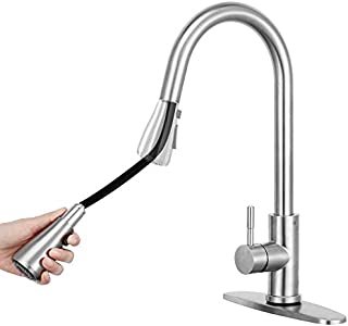 GOBOW Kitchen Faucets with Pull Down Sprayer, Kitchen Sink Faucet Kitchen Faucet with Deck Plate, Single Handle High Arc Brushed Nickel Faucets for Kitchen Sinks