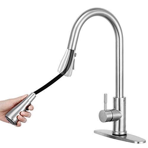 GOBOW Kitchen Faucets with Pull Down Sprayer, Kitchen Sink Faucet Kitchen Faucet with Deck Plate, Single Handle High Arc Brushed Nickel Faucets for Kitchen Sinks