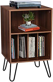 KINGSO Record Player Stand with Record Storage,Wood Record Storage Stand for Vinyl Storage Holds Up to 150 Albums,with Metal Hairpin Legs Turntable Stand for Home or Office,Brown