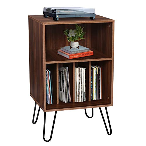 KINGSO Record Player Stand with Record Storage,Wood Record Storage Stand for Vinyl Storage Holds Up to 150 Albums,with Metal Hairpin Legs Turntable Stand for Home or Office,Brown