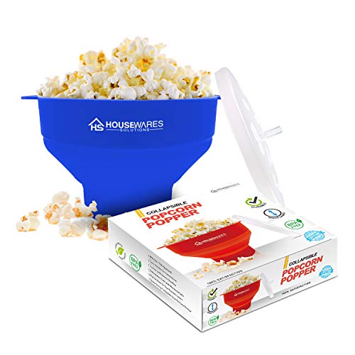 Collapsible Silicone Microwave Hot Air Popcorn Popper Bowl With Lid and Handles - Blue