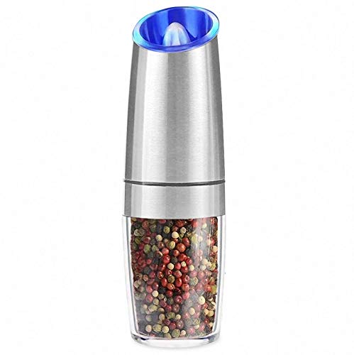 AVNICUD Electric Pepper Grinder, Automatic Pepper Mill, Electric Spice grinder, Battery-Operated with Adjustable Coarseness, LED Light, One Hand Operated (Silver 1Pack)