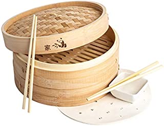 Prime Home Direct 10 inch Bamboo Steamer Basket, 2 Tier Food Steamer, Natural Bamboo Dumpling Steamer with Lid contains 2 Pair of Chopsticks, 1 Sauce Dish & 50 Wax Papers Liners - Steam Cooker