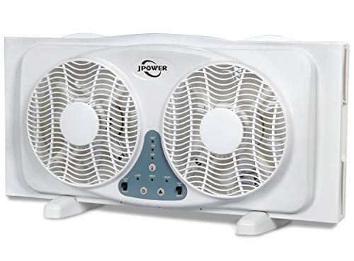 JPOWER 9 Inch Twin Window Fan, 3-Speed Reversible Air Quiet Flow and Thermostat Control,ETL Safety Listed