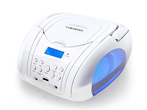 Lauson BB22 Stereo CD Player Boombox | Portable Radio with USB Port to Play Mp3 Music | FM Stereo | CD-R/CD-RW Compatible | Aux Port | Headphone | Color Changing Lights (White)