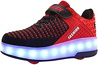 VEKDONE Kids Shoes Novelty LED Light Up Fashion Sneakers Wheels Skate Shoes Mesh Surface Roller Shoes As Gift(Red,8.5-9Years)