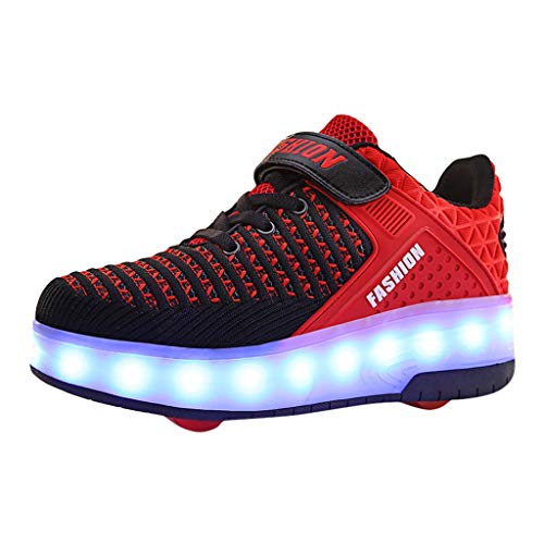 VEKDONE Kids Shoes Novelty LED Light Up Fashion Sneakers Wheels Skate Shoes Mesh Surface Roller Shoes As Gift(Red,8.5-9Years)