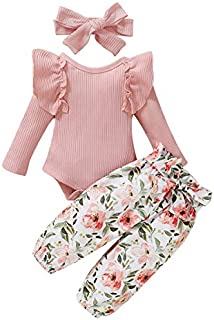 Little Kids Baby Winter Clothes Adorable Outfits Ruffle Layered Sleeve Jumpsuit with Floral Pants Headband Set Ribbed-Pink 6-12 Months