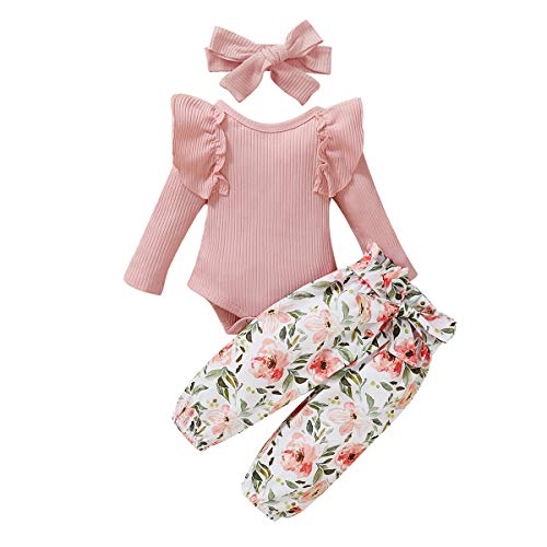 Little Kids Baby Winter Clothes Adorable Outfits Ruffle Layered Sleeve Jumpsuit with Floral Pants Headband Set Ribbed-Pink 6-12 Months