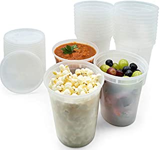 [24 Pack - 32 oz] Plastic Soup Cups Deli Food Storage Containers With Tight Lids - Portion Control Non-Spill Reusable Stackable Freezer Microwaveable Dishwasher & Lunch Box Safe - BPA-Free Heavy Duty