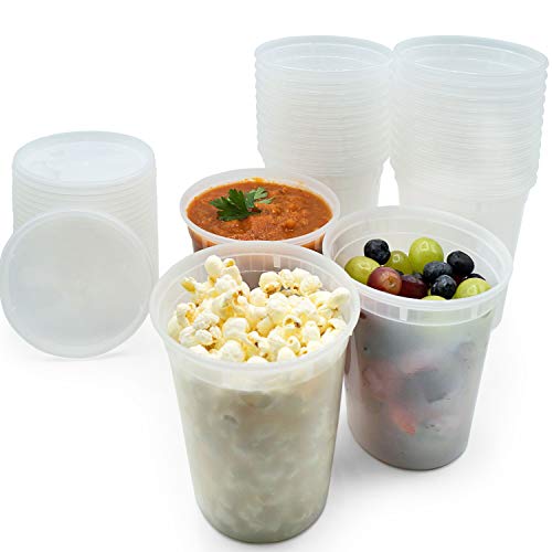 [24 Pack - 32 oz] Plastic Soup Cups Deli Food Storage Containers With Tight Lids - Portion Control Non-Spill Reusable Stackable Freezer Microwaveable Dishwasher & Lunch Box Safe - BPA-Free Heavy Duty