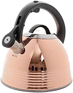 Mr Coffee Stainless Steel Whistling Tea Kettle Copper Plated, Mirror Polished, Black Bakelite Handle