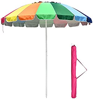 Yescom 8 ft Metal Rainbow Beach Patio Umbrella 16 Rib Tilt Market Table Umbrella Outdoor Sunshade Cover Sand Anchor