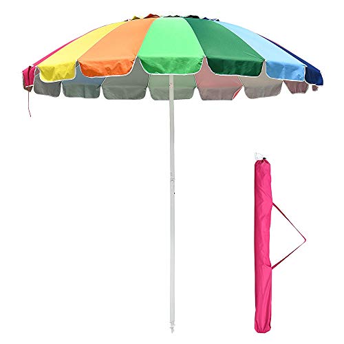 Yescom 8 ft Metal Rainbow Beach Patio Umbrella 16 Rib Tilt Market Table Umbrella Outdoor Sunshade Cover Sand Anchor