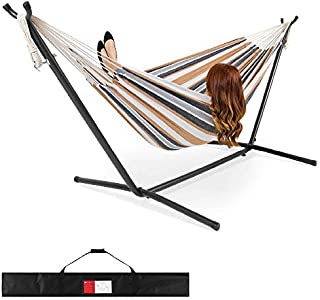 Best Choice Products 2-Person Indoor Outdoor Brazilian-Style Cotton Double Hammock Bed w/Carrying Bag, Steel Stand, Desert Stripes