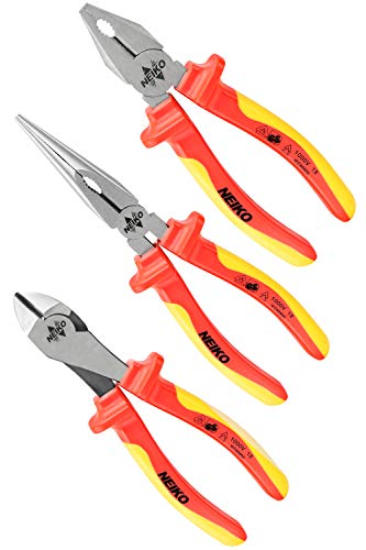 Neiko Pro 02040B Insulated Electrician Pliers/Cutter Set, 3-Piece | 1000V Tested with Carrying Case