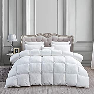 Luxurious Heavy Twin / Twin XL Size Siberian Goose Down Comforter All-Season Duvet Insert, Premium Baffle Box, 1200 Thread Count 100% Egyptian Cotton, Hypoallergenic, 50 oz, White Damask Striped