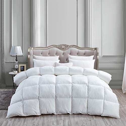 Luxurious Heavy Twin / Twin XL Size Siberian Goose Down Comforter All-Season Duvet Insert, Premium Baffle Box, 1200 Thread Count 100% Egyptian Cotton, Hypoallergenic, 50 oz, White Damask Striped