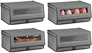 mDesign Stackable Fabric Closet Storage Organizer Shoe Box Bin - Modern Holder for Storing Men's and Women's Dress Shoes, Boots, Pumps, Sandals, Flats - Window, Hinged Lid, 4 Pack - Dark Gray