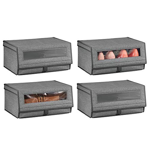 mDesign Stackable Fabric Closet Storage Organizer Shoe Box Bin - Modern Holder for Storing Men's and Women's Dress Shoes, Boots, Pumps, Sandals, Flats - Window, Hinged Lid, 4 Pack - Dark Gray