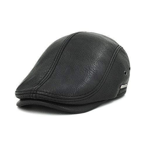 LETHMIK Flat Cap Cabby Hat Genuine Leather Vintage Newsboy Cap Ivy Driving Cap Second Version Black-L