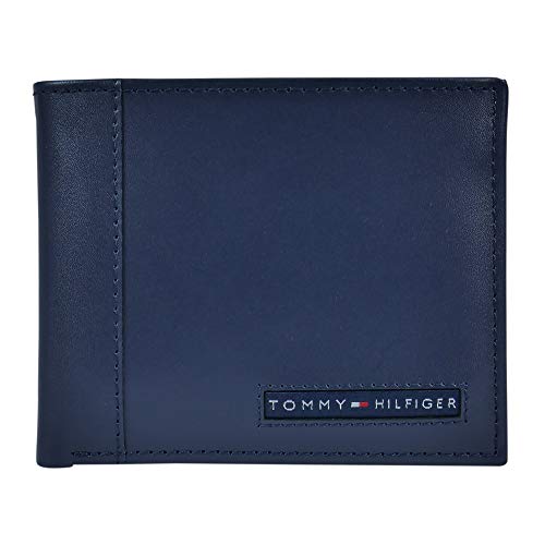 Tommy Hilfiger Men's Leather Wallet  Slim Bifold with 6 Credit Card Pockets and Removable ID Window, Navy Cambridge, One Size