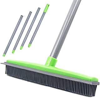 Iamagie Push Broom Long Handle Rubber Bristles Sweeper Squeegee Edge 59 inches Non Scratch Bristle Broom for Pet Cat Dog Hair Carpet Hardwood Tile Windows Clean Water Resistant