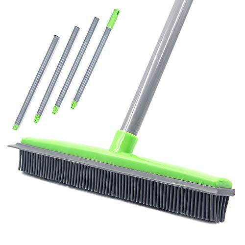 Iamagie Push Broom Long Handle Rubber Bristles Sweeper Squeegee Edge 59 inches Non Scratch Bristle Broom for Pet Cat Dog Hair Carpet Hardwood Tile Windows Clean Water Resistant