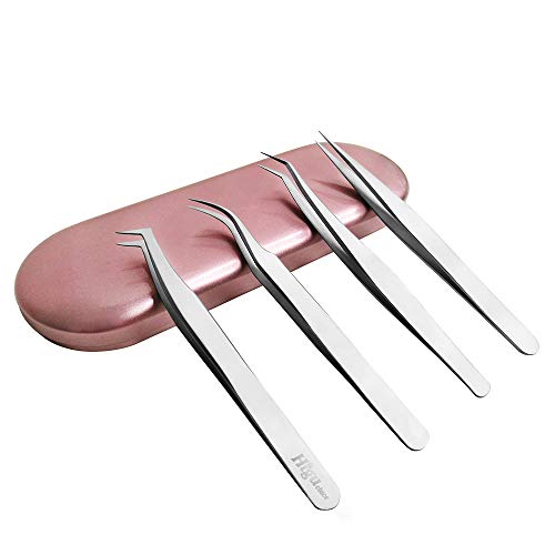 4PCS Eyelash Extension Tweezers Tools Kit for Volume False Lashes Precision Stainless Steel Volume Lashes Tweezers with Aluminum Storage Case Higuclace